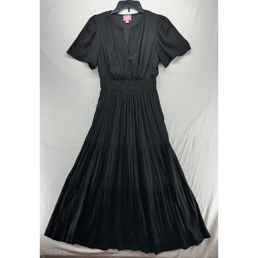 MUSE Republic Clothing Black Pleated Tiered Maxi Dress V-Neck Smocked Waist S